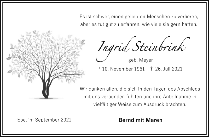  Traueranzeige für Ingrid Steinbrink vom 04.09.2021 aus 