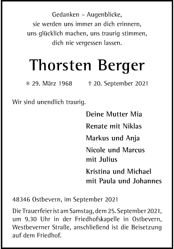  Traueranzeige für Thorsten Berger vom 22.09.2021 aus 