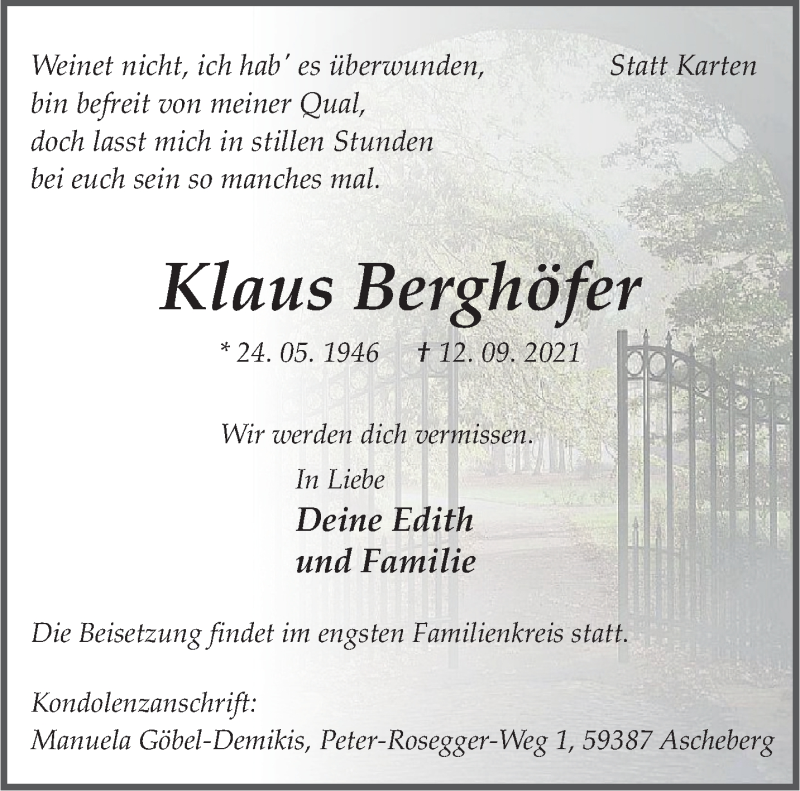  Traueranzeige für Klaus Berghöfer vom 18.09.2021 aus 
