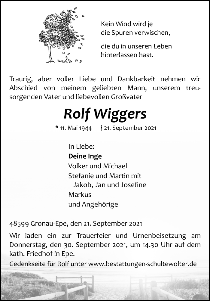  Traueranzeige für Rolf Wiggers vom 25.09.2021 aus 