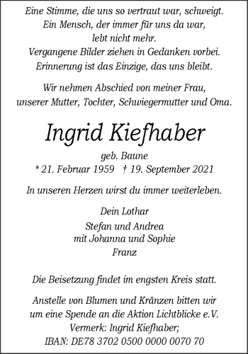Anzeige von Ingrid Kiefhaber 