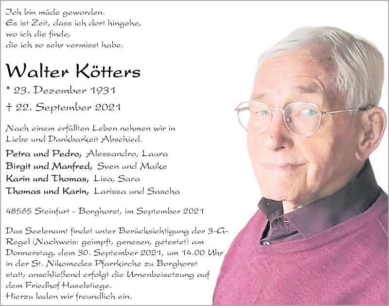  Traueranzeige für Walter Kötters vom 25.09.2021 aus 