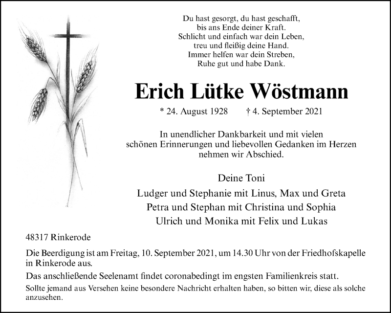  Traueranzeige für Erich Lütke Wöstmann vom 08.09.2021 aus 