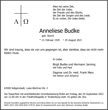 Anzeige von Anneliese Budke 