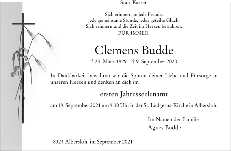  Traueranzeige für Clemens Budde vom 11.09.2021 aus 