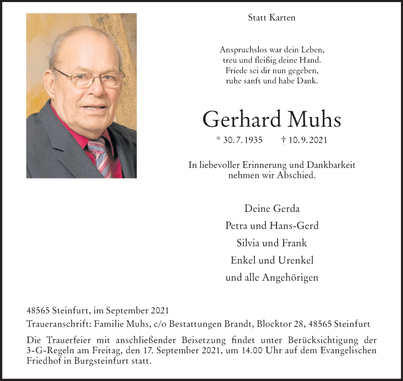  Traueranzeige für Gerhard Muhs vom 14.09.2021 aus 