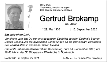 Anzeige von Gertrud Brokamp 