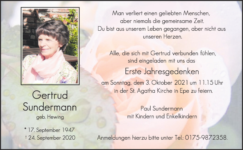  Traueranzeige für Gertrud Sundermann vom 25.09.2021 aus 