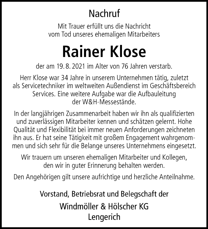 Traueranzeige für Rainer Klose vom 07.09.2021 aus 
