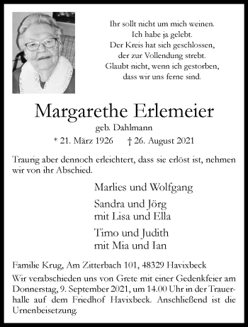 Anzeige von Margarethe Erlemeier 