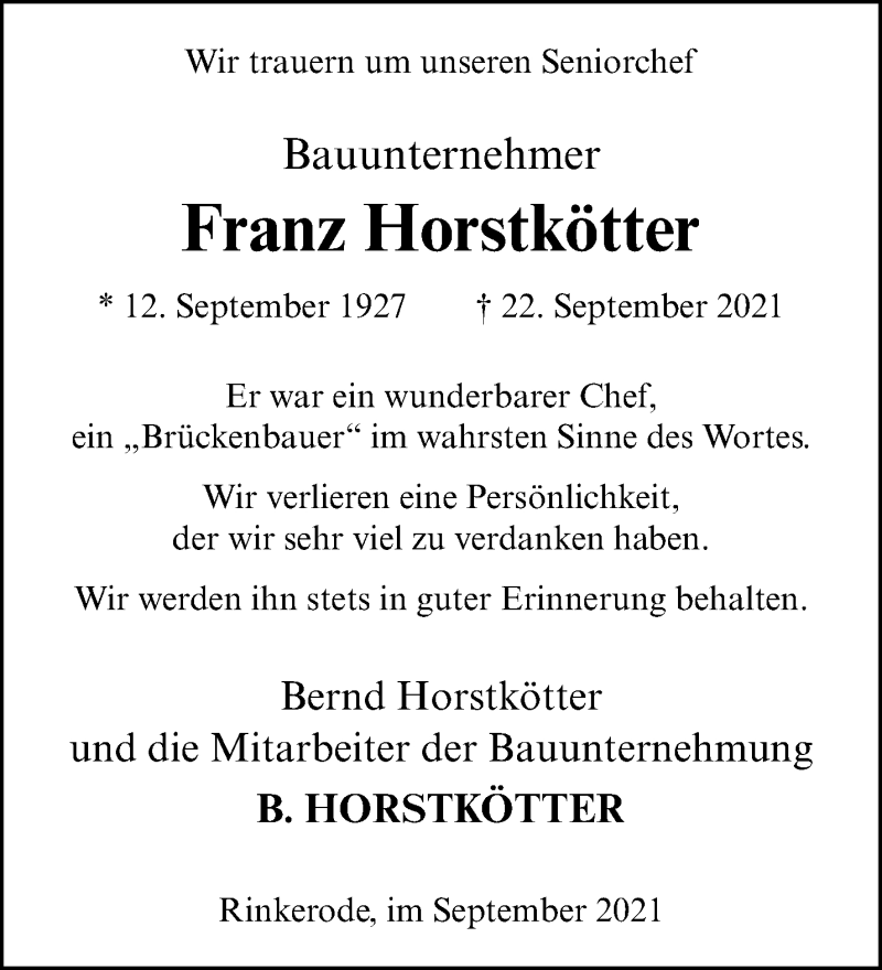  Traueranzeige für Franz Horstkötter vom 25.09.2021 aus 
