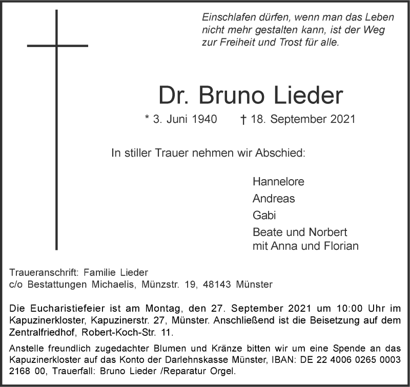  Traueranzeige für Dr. Bruno Lieder vom 22.09.2021 aus 