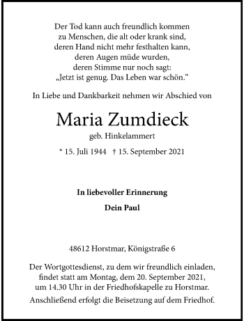 Anzeige von Maria Zumdieck 