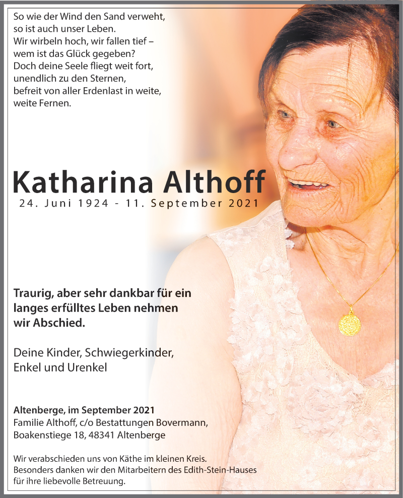  Traueranzeige für Katharina Althoff vom 18.09.2021 aus 
