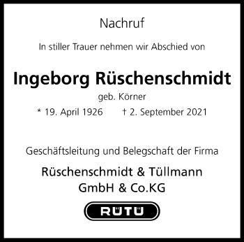 Anzeige von Ingeborg Rüschenschmidt 
