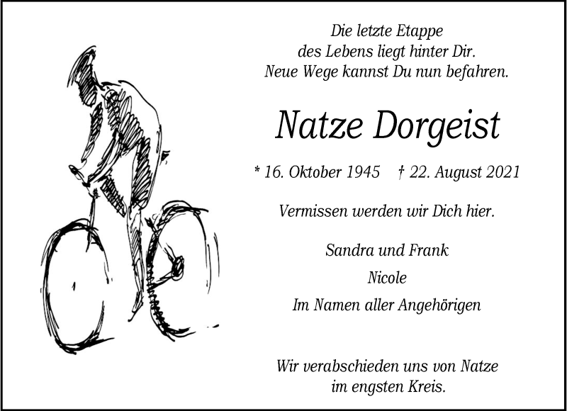  Traueranzeige für Natze Dorgeist vom 04.09.2021 aus 