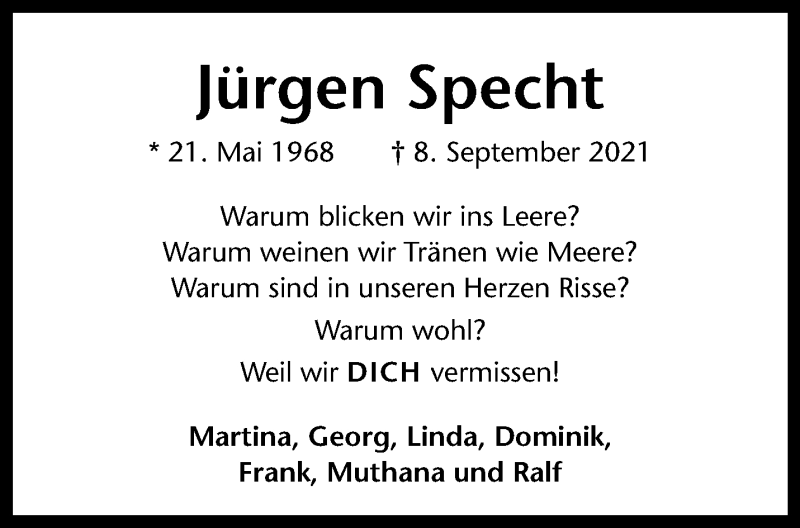  Traueranzeige für Jürgen Specht vom 15.09.2021 aus 