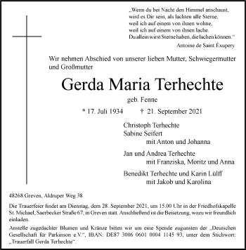 Anzeige von Gerda Maria Terhechte 