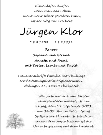 Anzeige von Jürgen Klor 