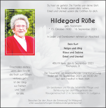 Anzeige von Hildegard Rüße 
