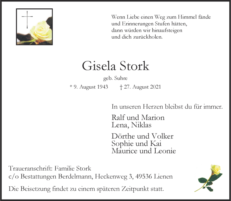  Traueranzeige für Gisela Stork vom 04.09.2021 aus 