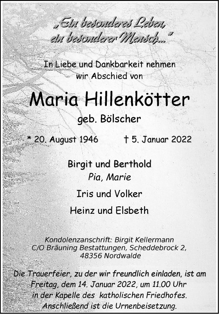  Traueranzeige für Maria Hillenkötter vom 08.01.2022 aus 