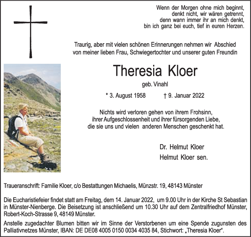  Traueranzeige für Theresia Kloer vom 12.01.2022 aus 