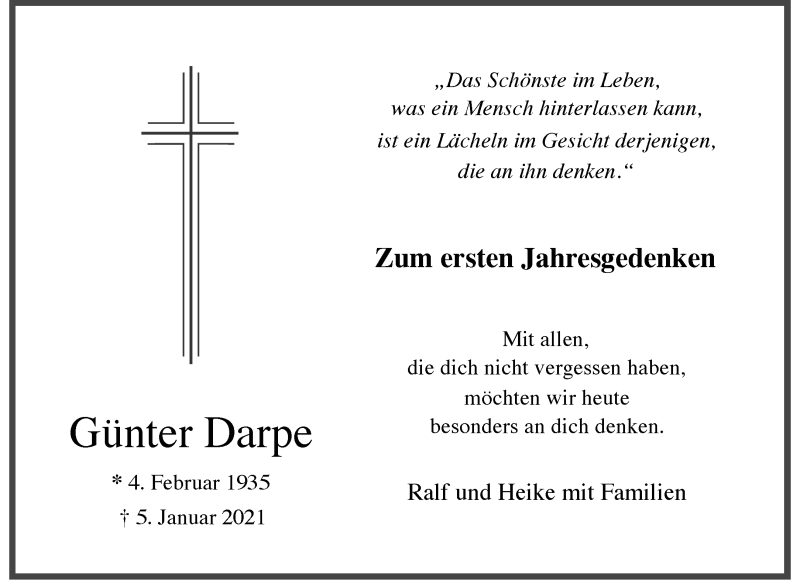  Traueranzeige für Günter Darpe vom 05.01.2022 aus 