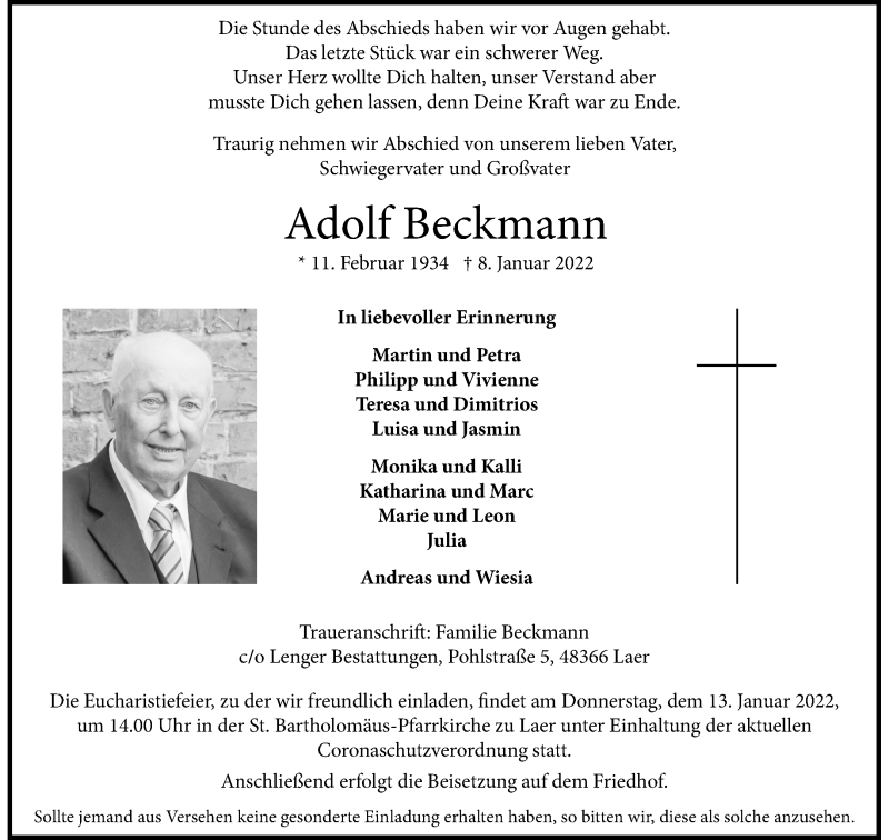  Traueranzeige für Adolf Beckmann vom 11.01.2022 aus 