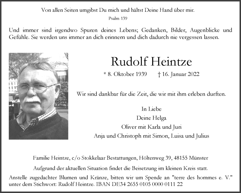  Traueranzeige für Rudolf Heintze vom 22.01.2022 aus 