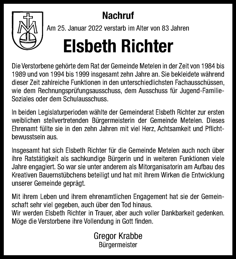  Traueranzeige für Elsbeth Richter vom 28.01.2022 aus 