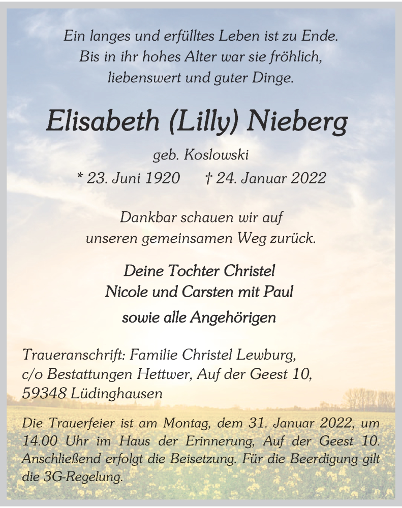  Traueranzeige für Elisabeth Nieberg vom 28.01.2022 aus 