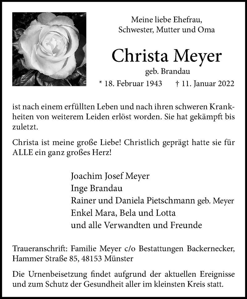  Traueranzeige für Christa Meyer vom 22.01.2022 aus 
