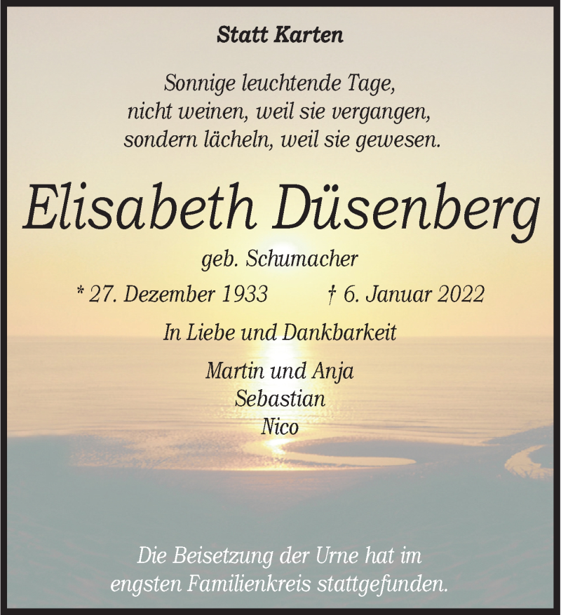  Traueranzeige für Elisabeth Düsenberg vom 22.01.2022 aus 