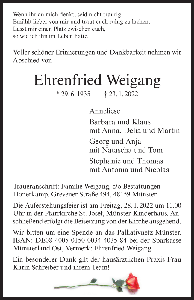  Traueranzeige für Ehrenfried Weigang vom 26.01.2022 aus 