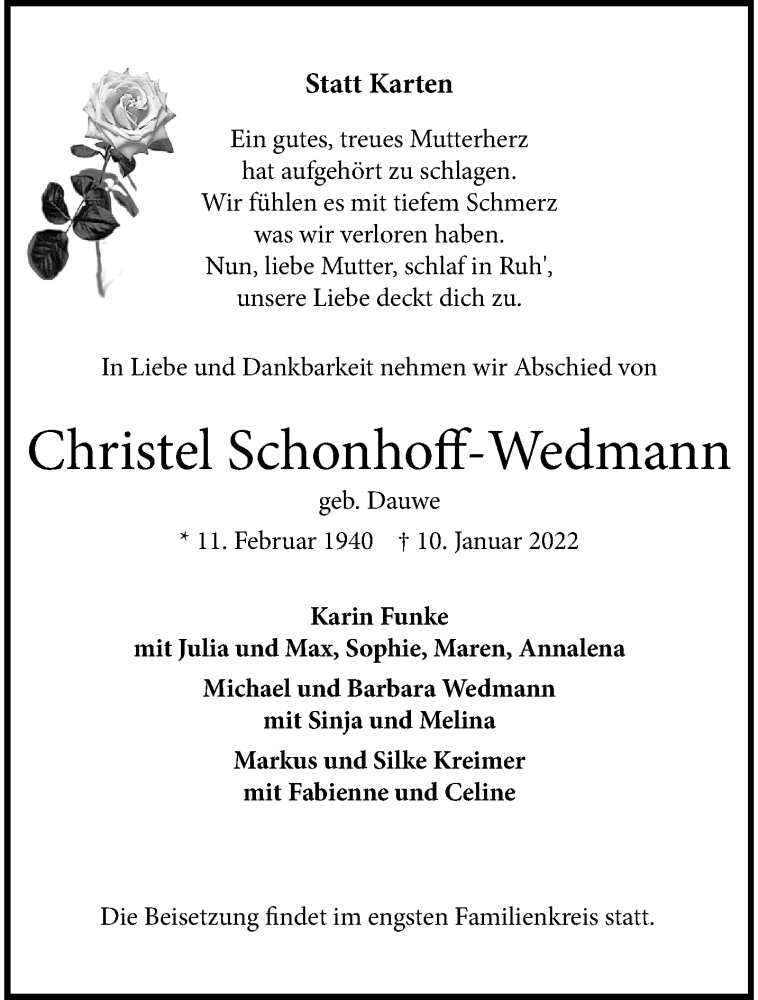  Traueranzeige für Christel Schonhoff-Wedmann vom 19.01.2022 aus 