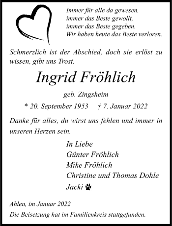 Anzeige von Ingrid Fröhlich 