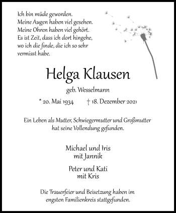 Anzeige von Helga Klausen 