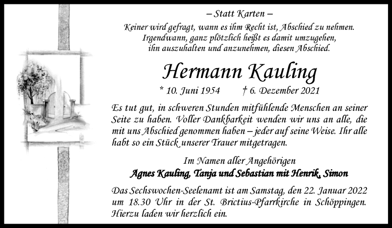  Traueranzeige für Hermann Kauling vom 15.01.2022 aus 