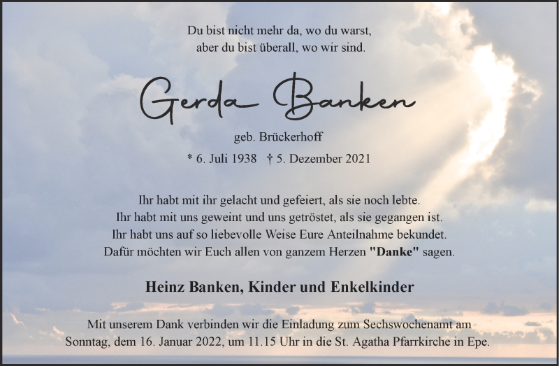  Traueranzeige für Gerda Banken vom 08.01.2022 aus 