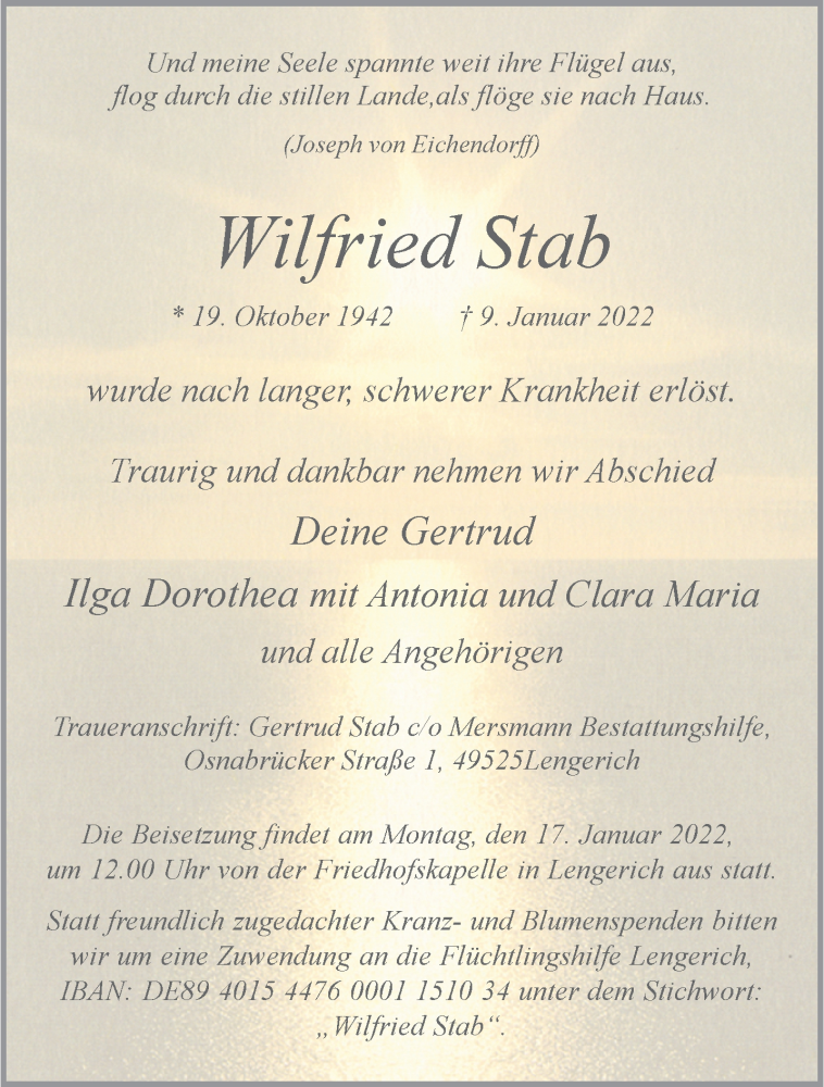  Traueranzeige für Wilfried Stab vom 15.01.2022 aus 