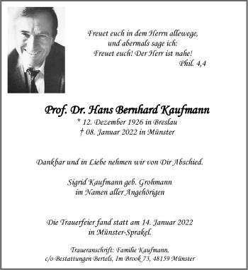 Anzeige von Hans Bernhard Kaufmann 