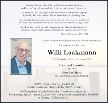 Anzeige von Willi Laakmann 