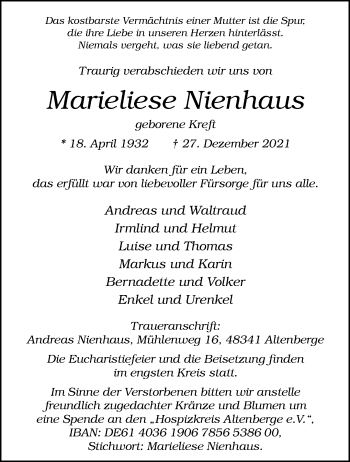 Anzeige von Marieliese Nienhaus 