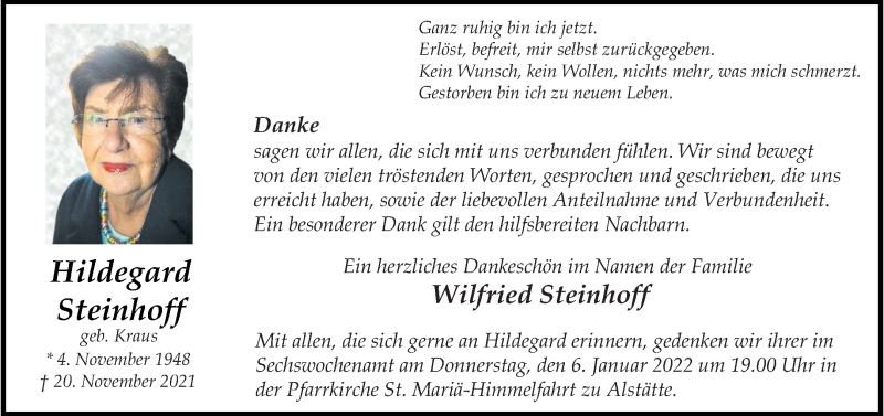  Traueranzeige für Hildegard Steinhoff vom 03.01.2022 aus 