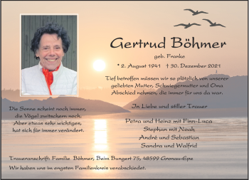 Anzeige von Gertrud Böhmer 