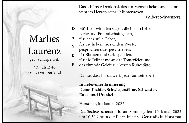  Traueranzeige für Marlies Laurenz vom 08.01.2022 aus 