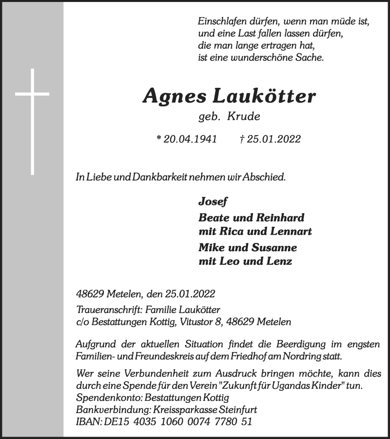  Traueranzeige für Agnes Laukötter vom 27.01.2022 aus 