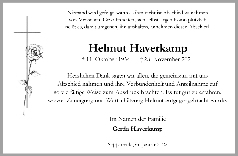  Traueranzeige für Helmut Haverkamp vom 15.01.2022 aus 