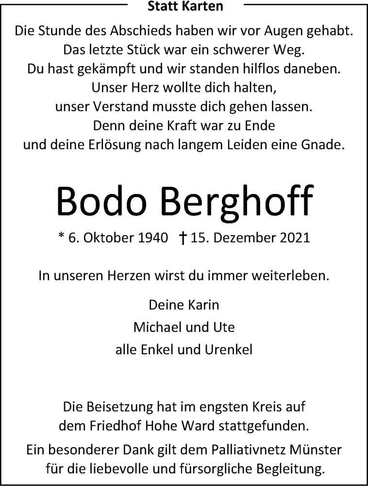  Traueranzeige für Bodo Berghoff vom 08.01.2022 aus 